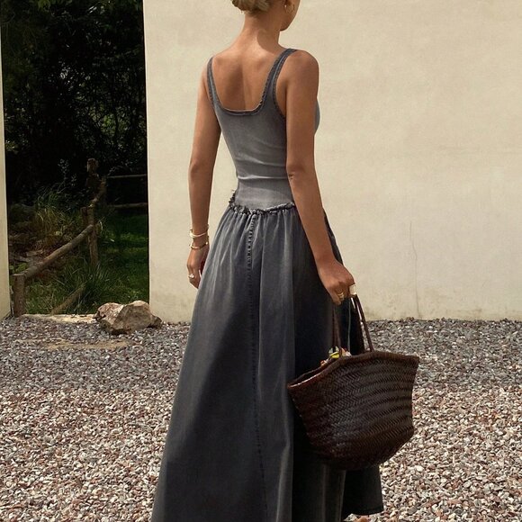 Grey Casual Women's U-Neck Ruffle Trim Cinched Waist Denim A-Line Dress - Picture 2 of 5